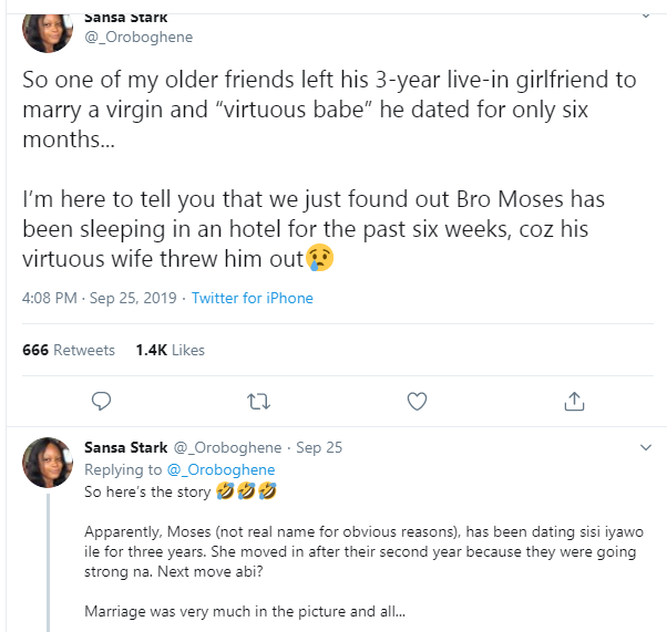 Lady narrates what happened after her older friend left his girlfriend of 3 years to marry a virgin and ‘virtuous woman’ he dated for 6 months