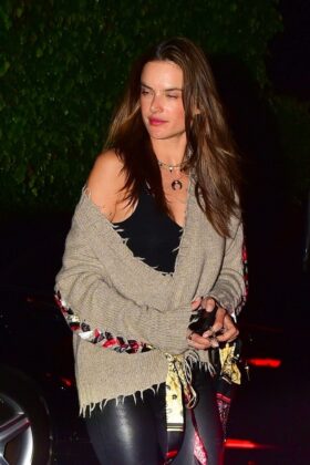 alessandra ambrosio in leather pants out for dinner in santa monica