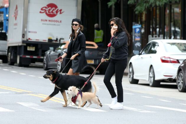 emily ratajkowski in white boots and black leather coat walking her dog colombo in new york 3