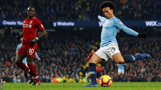 Leroy Sane scores for Manchester City against Liverpool in January 2019
