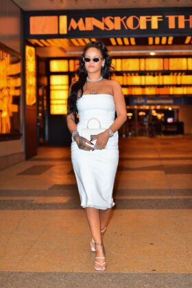 rihanna in white dress arrives at her hairstylist yusef williams porcelain ball in nyc 16