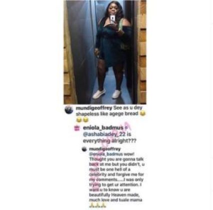 actress eniola badmus attack a troll who called her shapeless