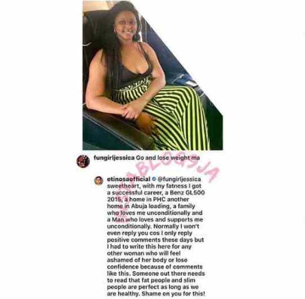 Actress, Etinosa Replies A Follower Who Asked Her To Lose Weight