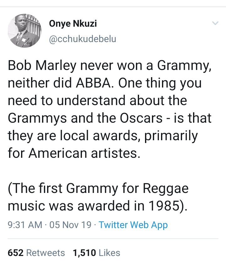 Bob Marley never won a Grammy. Grammies and Oscars are for American Artistes – Twitter User posts
