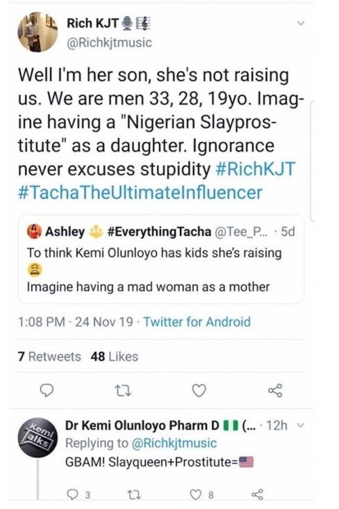 “You Look Hungry” – Tacha Fans Blast Kemi Olunloyo’s Son On Twitter
