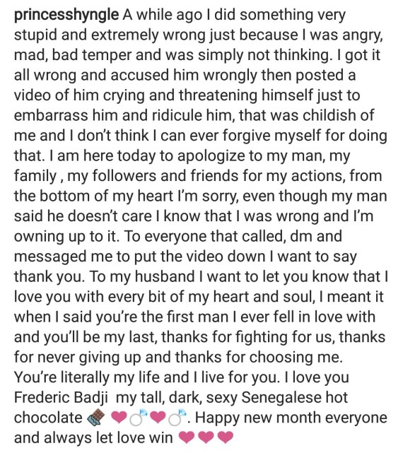 Actress, Princess Shyngle Apologies Openly To Her Boyfriend, Frederic After Their Breakup