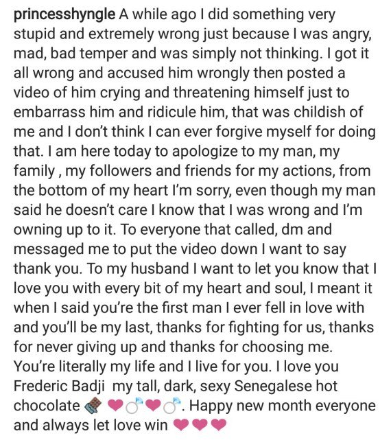 actress princess shyngle apologies openly to her boyfriend frederic after their breakup 2