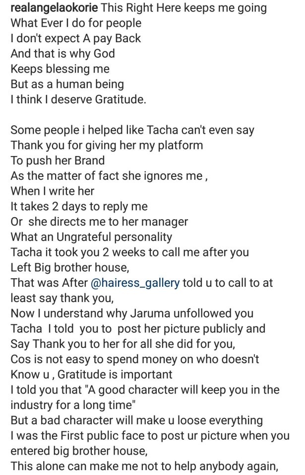 angela okorie calls out tacha for ignoring her says shes an ungrateful personality