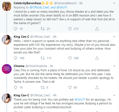 BBNaija’s Ceec Attacks Tacha Fans Trolling Her For Showing Solidarity To Uti Nwachukwu