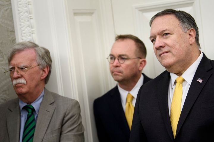 National Security Advisor John R. Bolton (left), acting White House Chief of Staff Mick Mulvaney (center) and Secretary of St