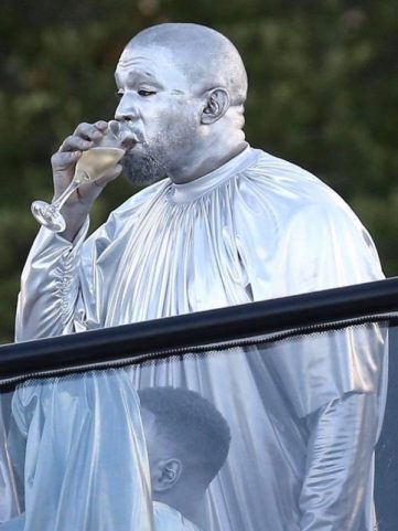 rapper kanye west paints entire body silver to perform the birth of jesus christ play photos 5