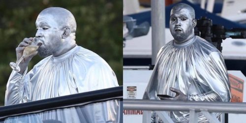 rapper kanye west paints entire body silver to perform the birth of jesus christ play photos
