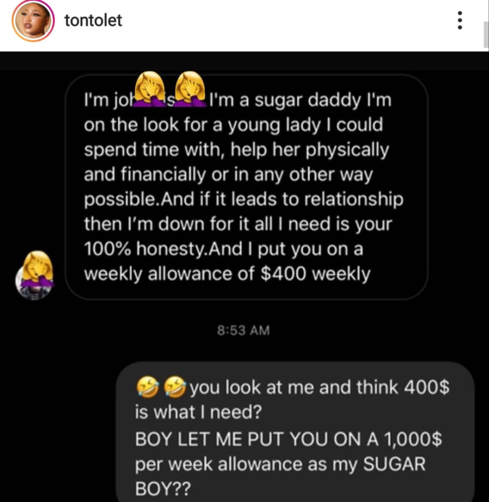 tonto dikeh replies a sugar daddy in her dm that wants to put her on a 400 weekly allowance