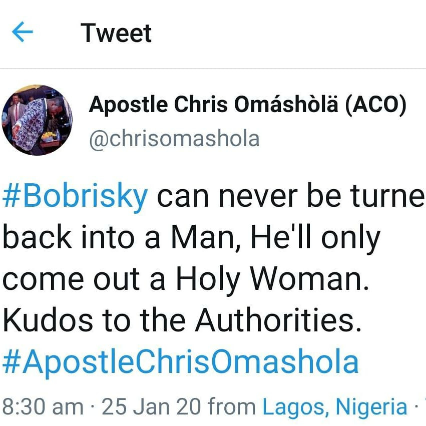 Bobrisky is an agent of darkness- Clergyman Apostle Omashola Said