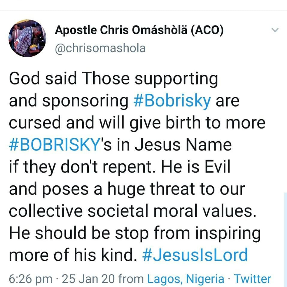 Bobrisky is an agent of darkness- Clergyman Apostle Omashola Said