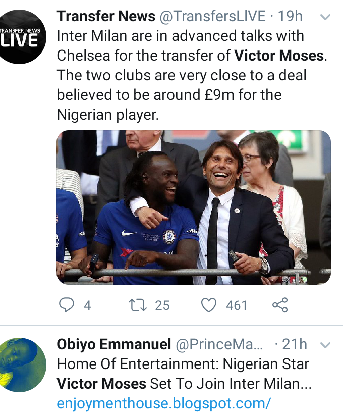 The internet reacts after Inter Milan agree terms with Ex-Super Eagles of Nigeria winger Victor Moses over loan move