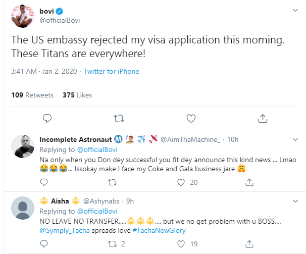 Titans Are Everywhere lol as Bovi Cries Out As His Visa Application was Rejected By US Embassy
