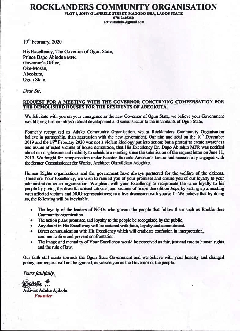 Activist Aduke Ajibola writes open letter to the governor of Ogun State Dr. Dapo Abiodun MFR after gathering elderly victims of house demolition outside the governor's office.