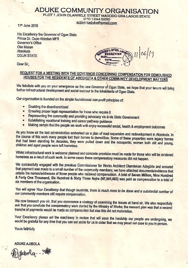 Activist Aduke Ajibola writes open letter to the governor of Ogun State Dr. Dapo Abiodun MFR after gathering elderly victims of house demolition outside the governor's office.