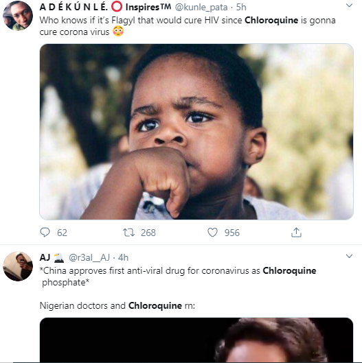 Hilarious reactions from Nigerians as it's revealed that Chloroquine effectively inhibits coronavirus infection and spread