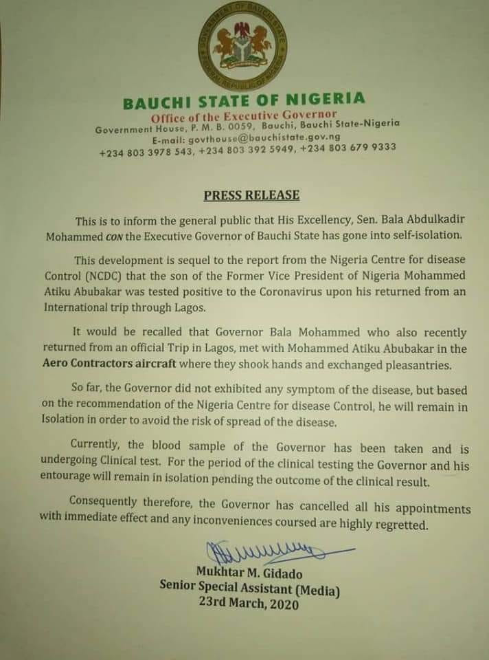 Update: Bauchi state government confirms state governor, Bala Mohammed's self-isolation over Coronavirus