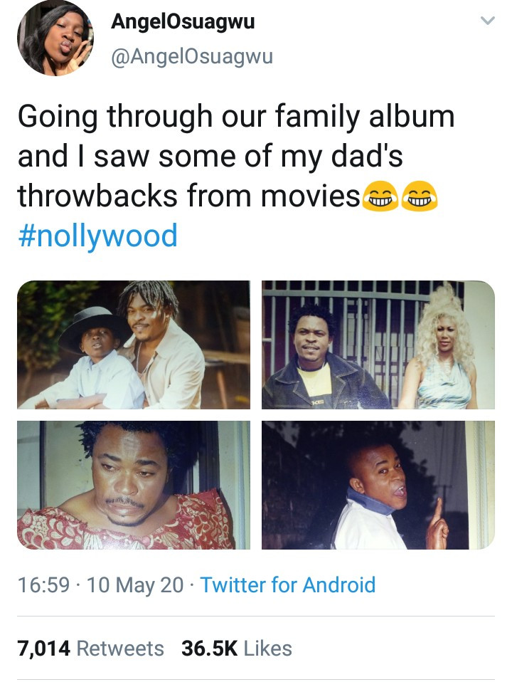 Victor Osuagwu's daughter goes viral after she shares a tweet identifying the veteran actor as her father (photos)