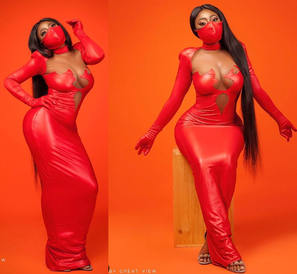 actress yvonne jegede stuns in cleavage baring latex dress with matching nose masks photos