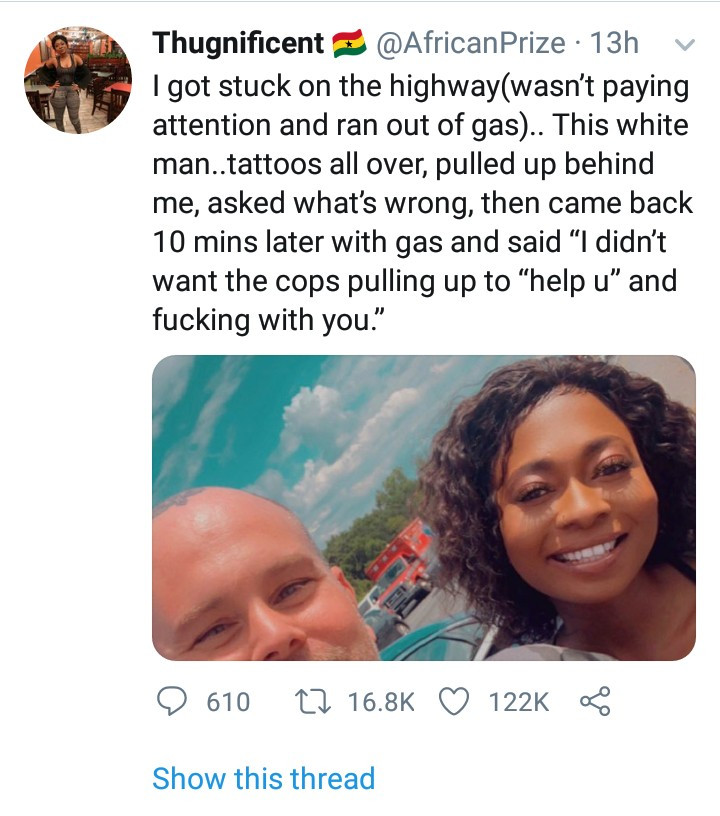Black woman narrates her encounter with a white man who stopped to help her because he didn't want the cops messing with her
