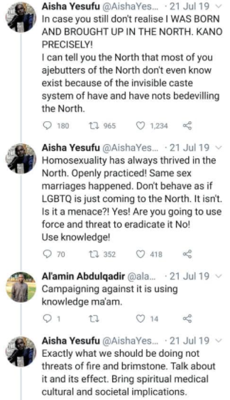 bisi alimi others call out aisha yesufu for being a homophobe as she is praised by others for bravely championing end sars protest 2