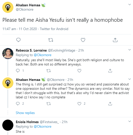 bisi alimi others call out aisha yesufu for being a homophobe as she is praised by others for bravely championing end sars protest 5
