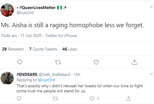 bisi alimi others call out aisha yesufu for being a homophobe as she is praised by others for bravely championing end sars protest 7