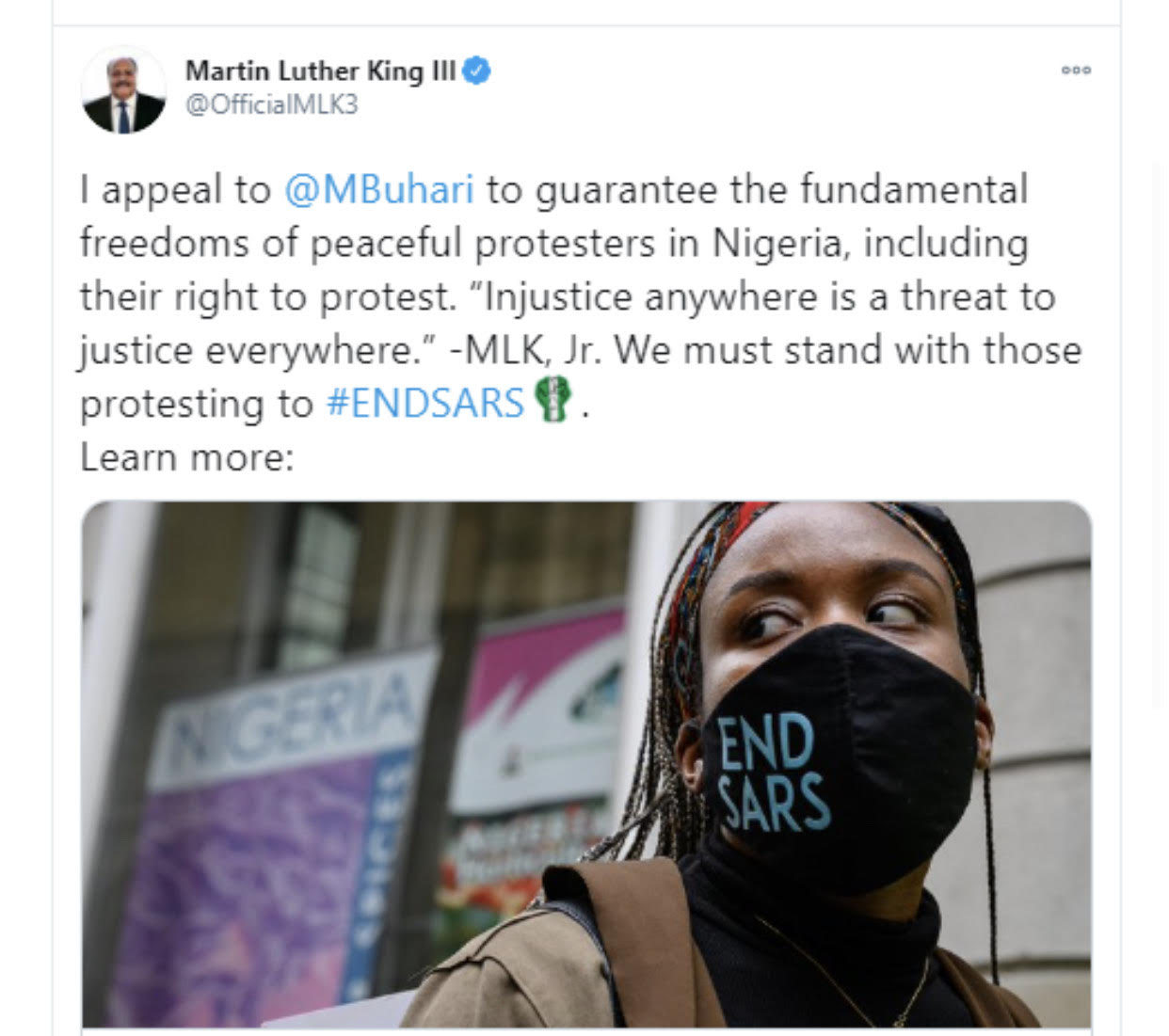 nigeria news end sars injustice anywhere is a threat to justice everywhere martin luther king iii