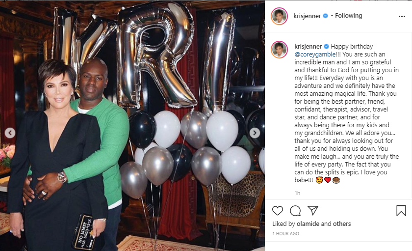 everyday with you is an adventure and we definitely have the most amazing magical life kris jenner pens sweet birthday message for boyfriend corey gamble 3