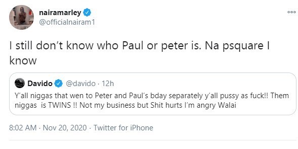 i still dont know who paul or peter is naira marley says amid psquare birthday drama 2