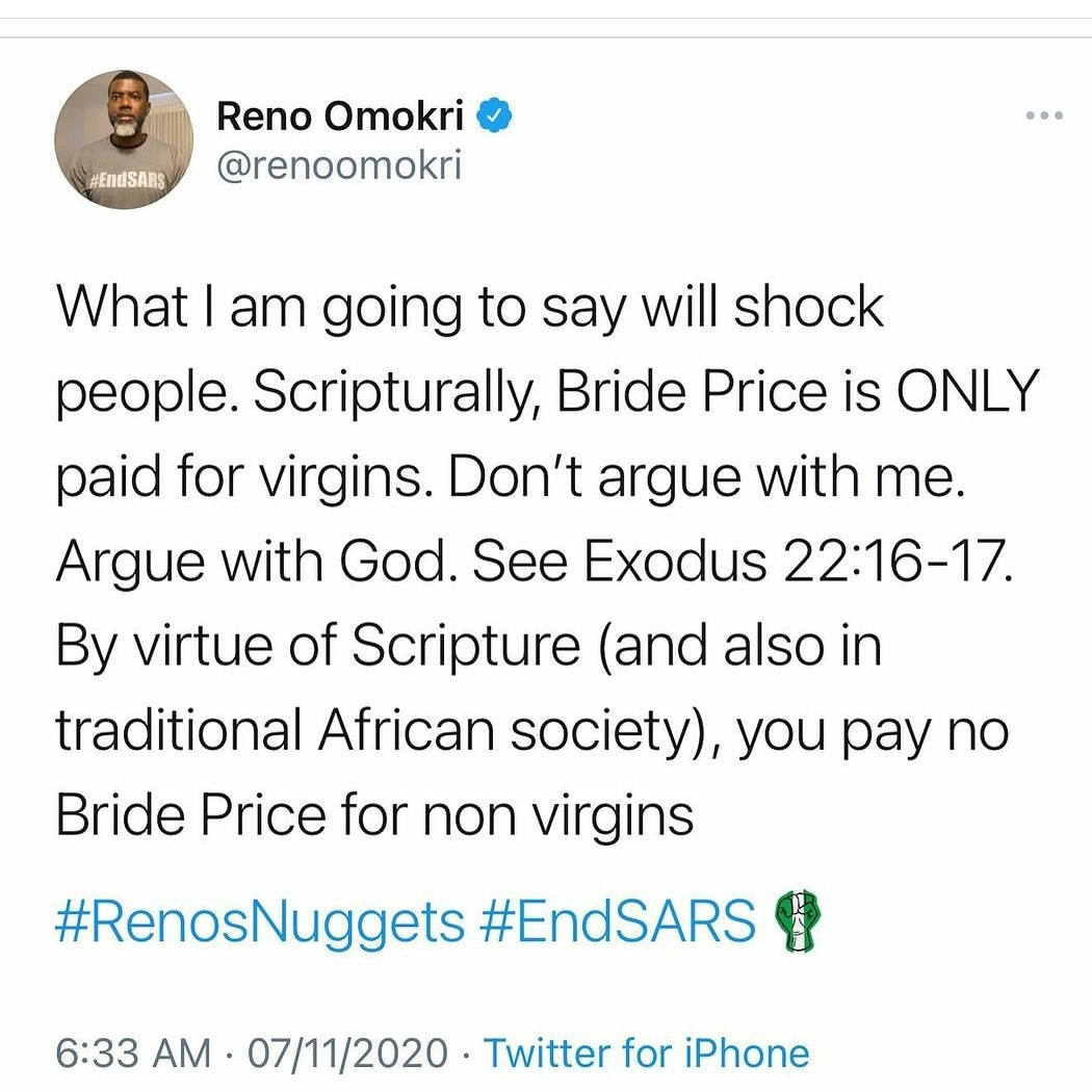 scripturally bride price is only paid for virgins reno omokri 1