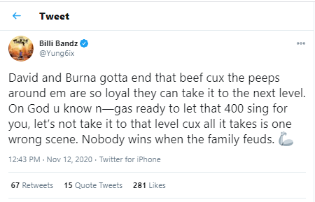 Yung6ix calls on Davido and Burna Boy to quash their "beef" over fear it may escalateÂ 