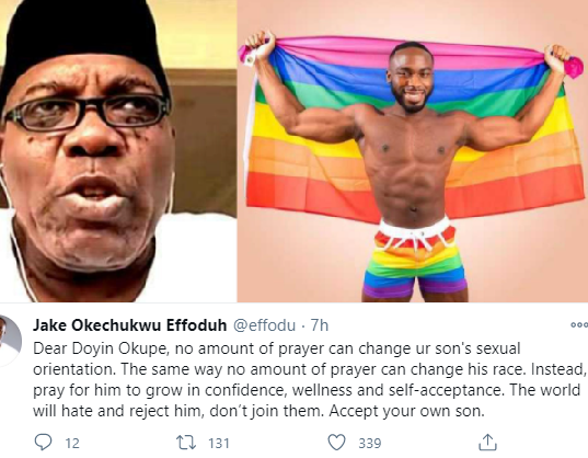 "Doyin Okupe, no amount of prayer can change your son's sexual orientation" Human rights lawyer writes