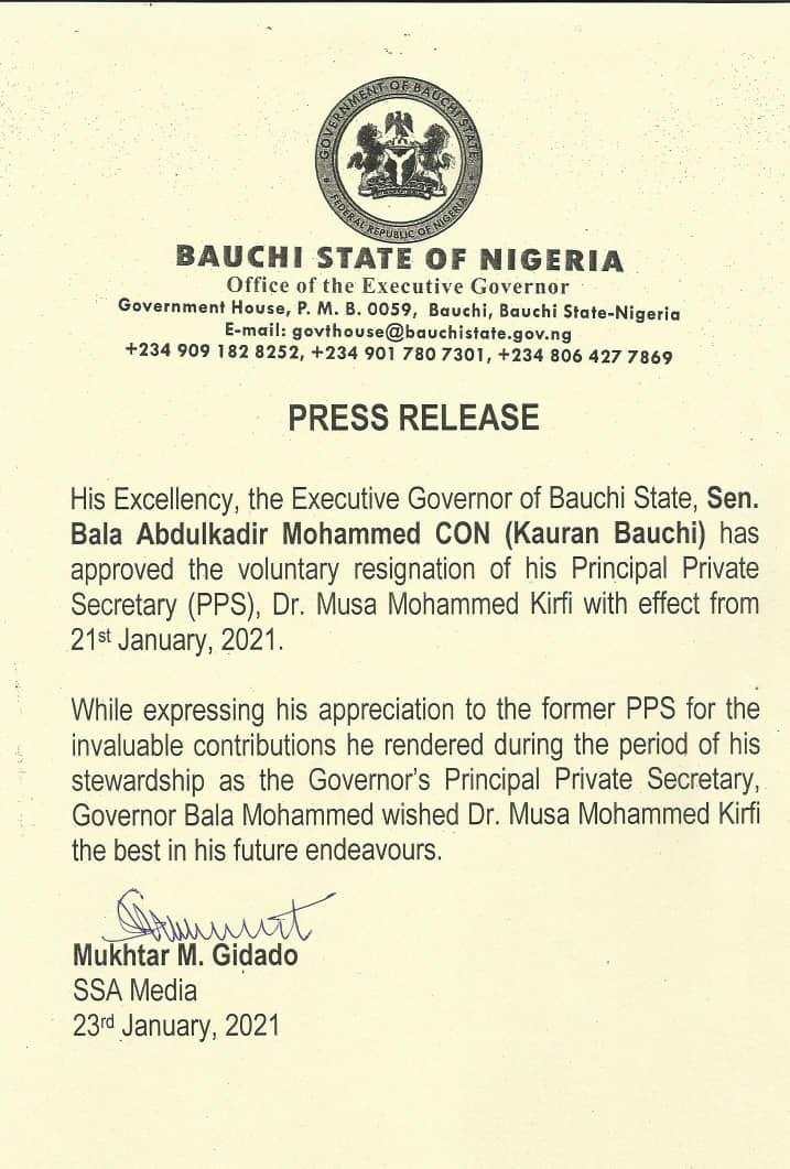 Nigeria news : Governor Mohammed accepts private secretary’s resignation