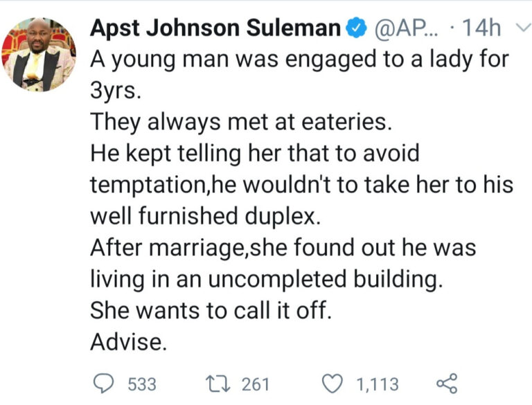 Newly married woman finds out her husband who refused to take her to his “duplex to avoid temptation” lives in an uncompleted building Apostle Johnson Suleman