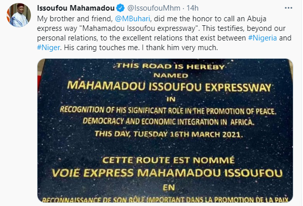 Niger Republic president appreciates President Buhari for renaming an Abuja expressway after him