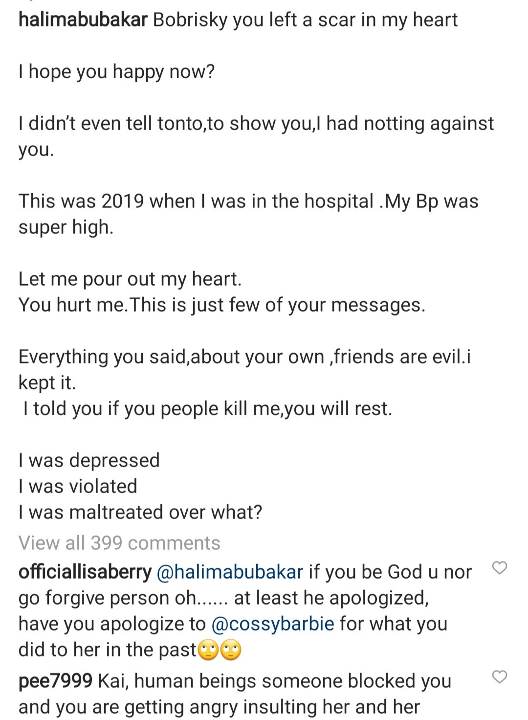 Actress, Halima Abubakar starts spilling; shares heated chats between herself and Bobrisky as she accuses the crossdresser of leaving a scar in her heart