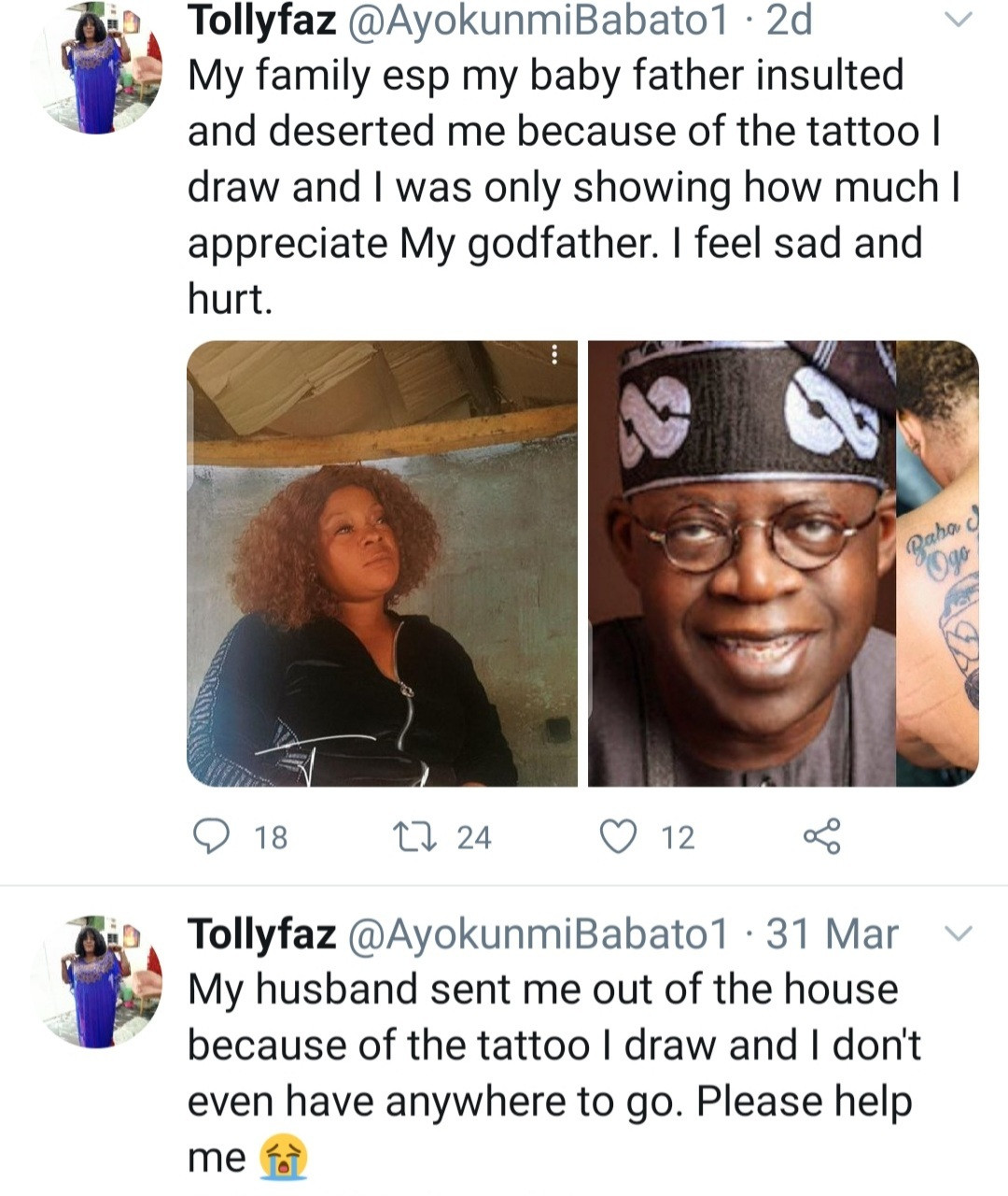 help me my husband has sent me packing woman who drew tattoo of tinubu on her back cries out video 2