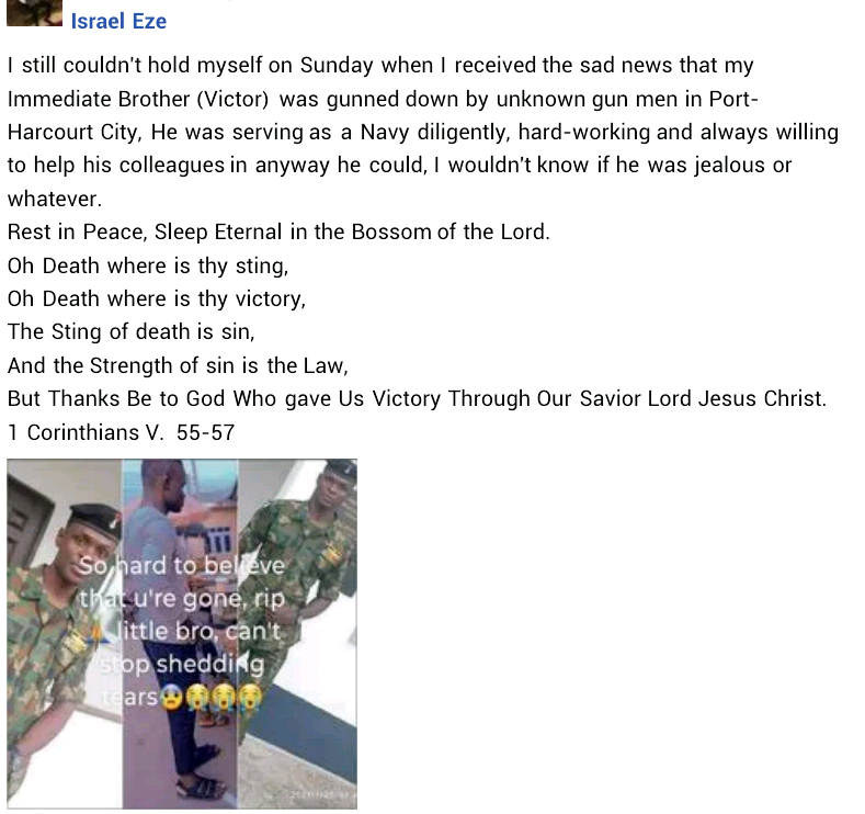 man mourns soldier allegedly killed by unknown gunmen in rivers state