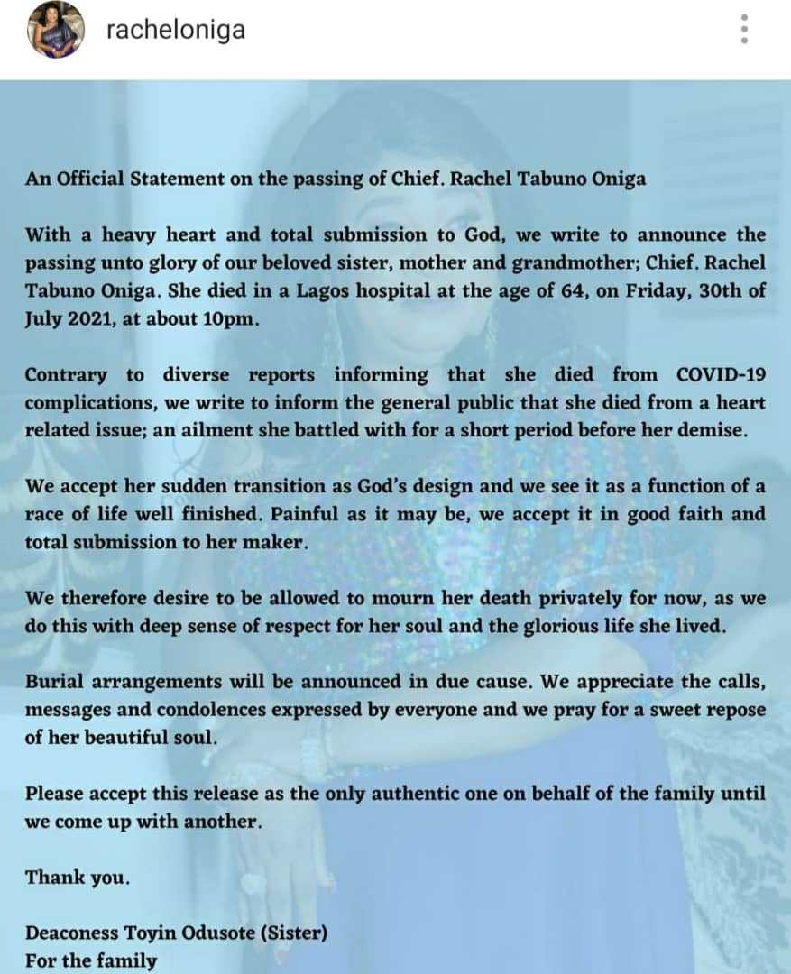 rachel onigas family debunk reports claiming she died from covid19 1