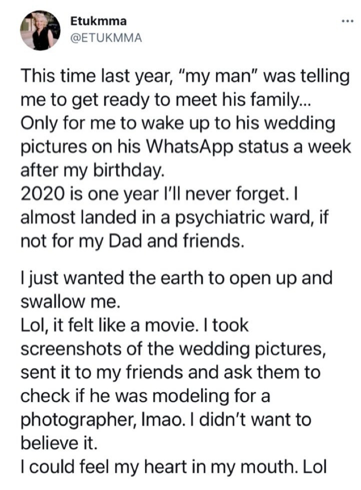 Woman recalls finding her man's wedding photos online the week he promised to introduce her to his family