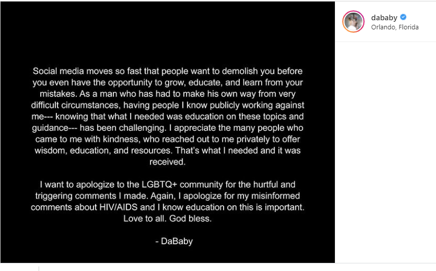 Homophobic rant DaBaby issues second apology after being dropped from Governors Ball Lineup