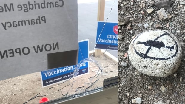 Windows at Cambridge, Ont., pharmacy and bistro smashed by rocks with anti-vaccination message