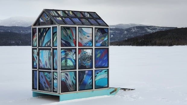 dazzling ice fishing shack made from childhood memories and stained glass