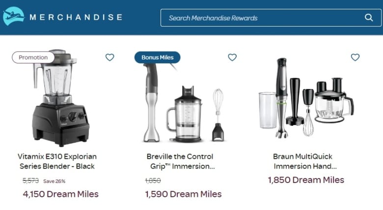 Several blenders are displayed on the Air Miles reward miles website, ranging from 1,850 miles to 4,150 miles in cost.
