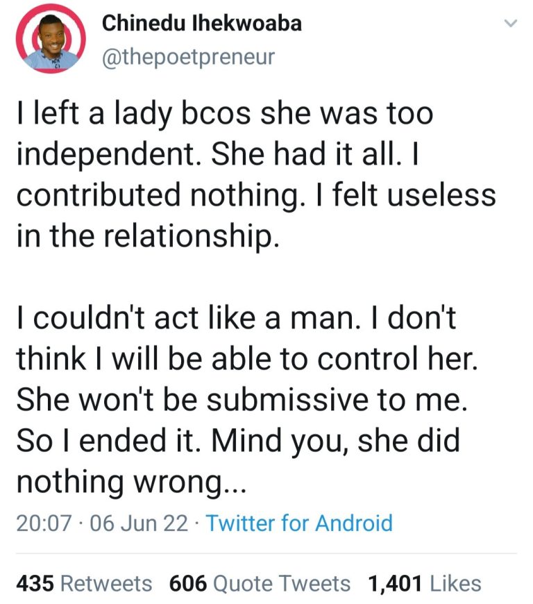 Writer reveals he left a lady because she had it all and he wouldn’t be able to control her